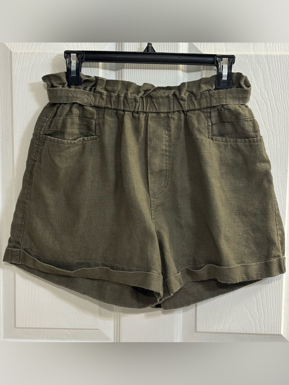 Melissa Nepton Linen Shorts Womens S Olive Green Paperbag High Rise Cuffed